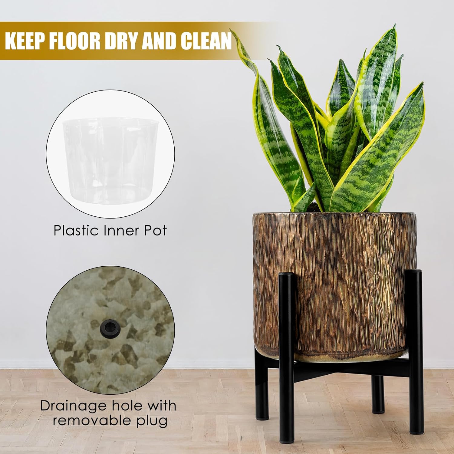 Harvest Land Plant Pots with Stand, Set of 2 Large Modern Planters Metal Tall Handmade Flower Pots with Drainage Holes Indoor Outdoor,Bronze