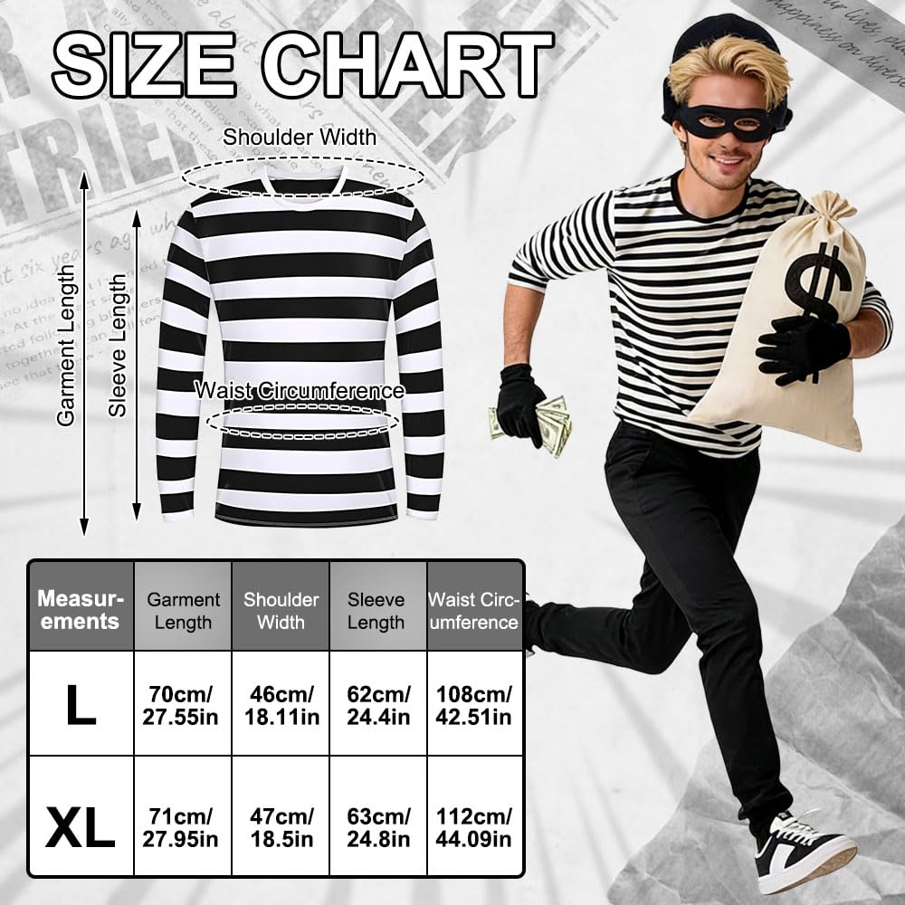 KUWUNG Burglar Bill Costume, 6PCS Robber Costume Men Set - Image 3