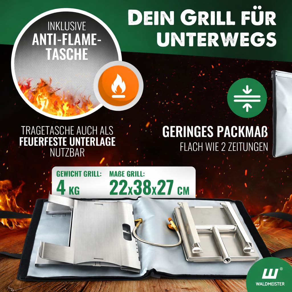 WALDMEISTER BruzzLee mobiler Gasgrill klein | kompakter Camping Gasgrill mit 2 Brennern | Kompaktgrill steckbar | Tischgrill für Camping, Balkon, Outdoor
