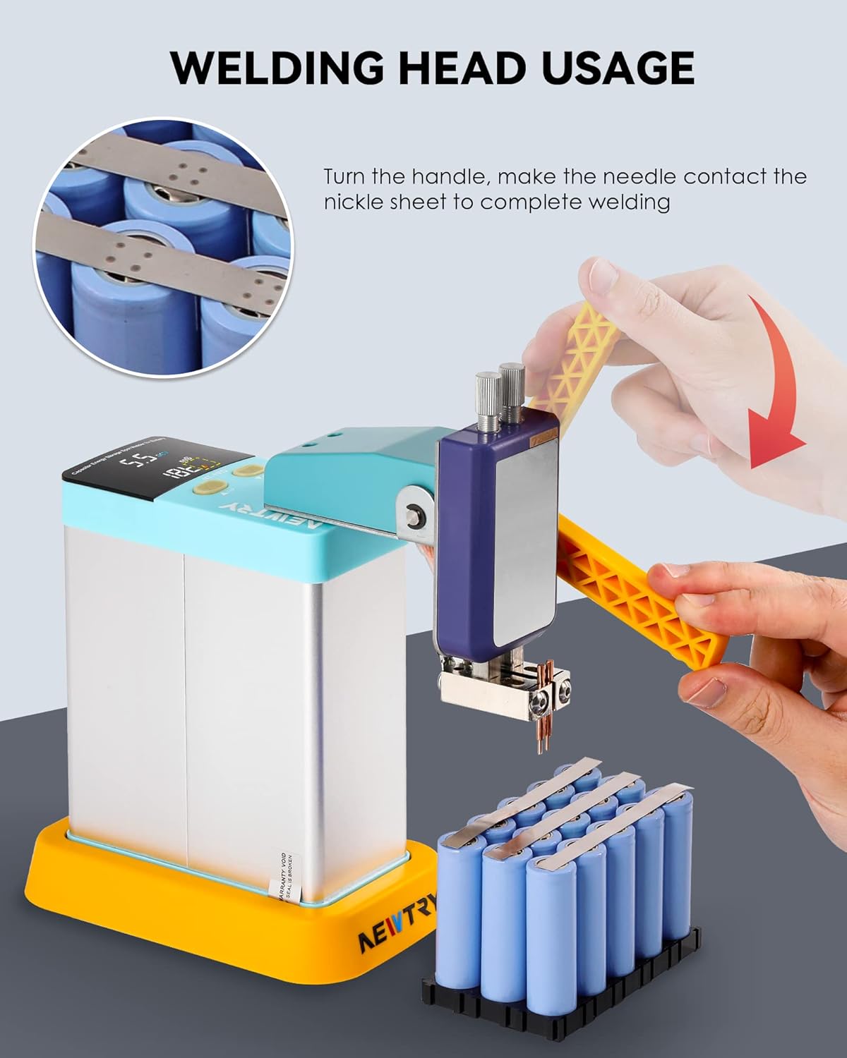 Image demonstrating the usage of the fixed welding head for pressure spot welding.