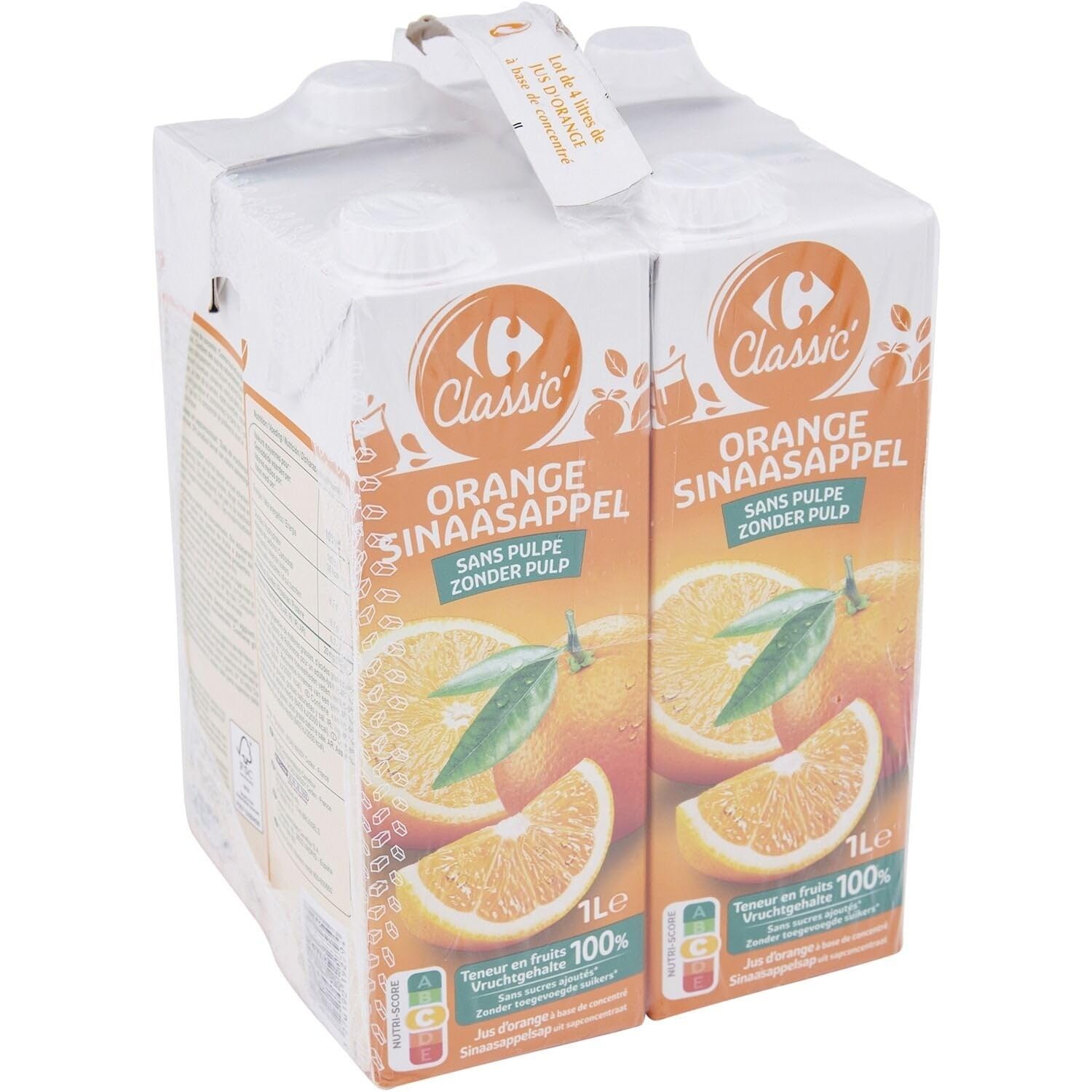 CARREFOUR CLASSIC' Jus d'Orange Sans Pulpe — 4 x 1 Litre, 100% Teneur en Fruits, Sans Sucres Ajoutés - Lot de 3