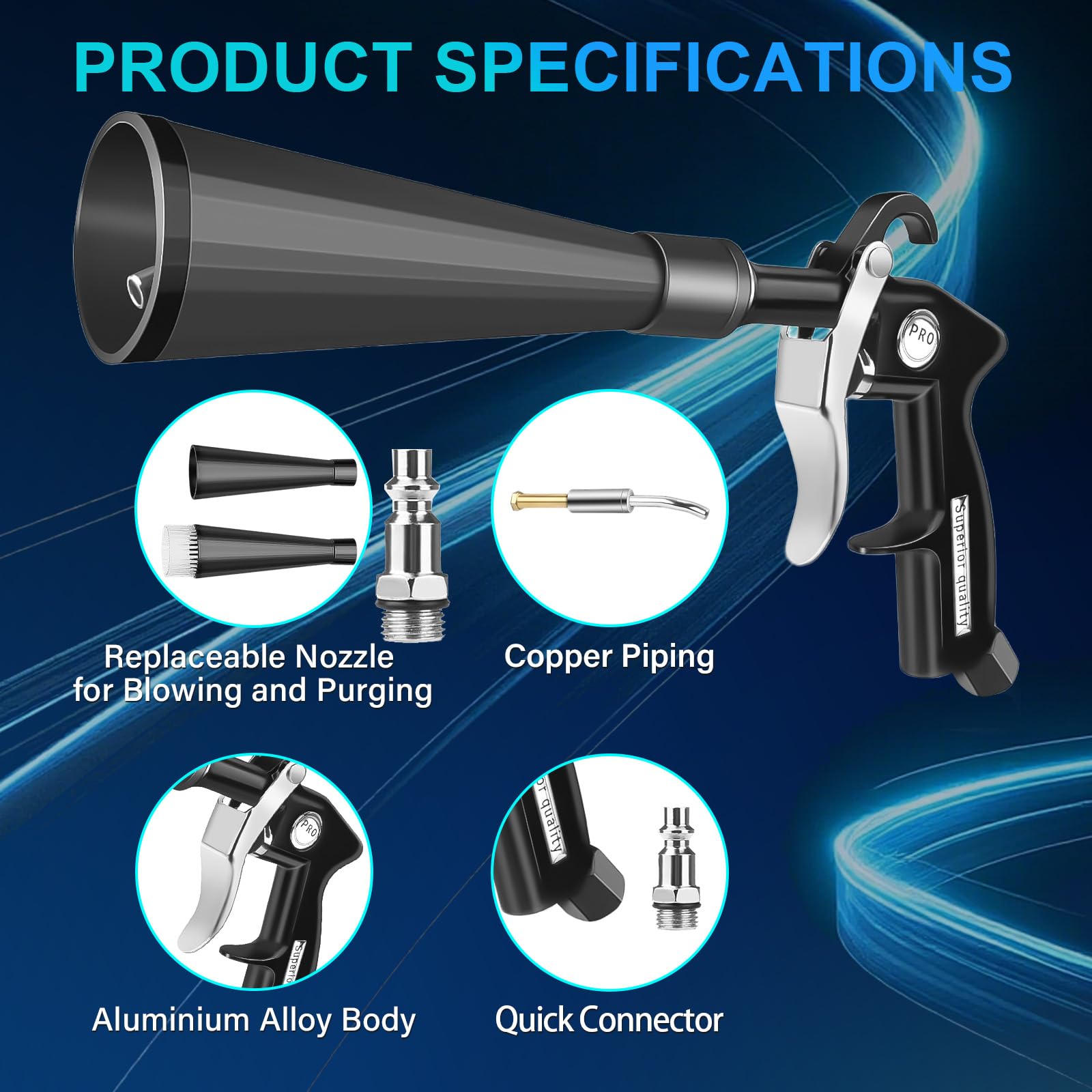 Pistolet à Air Comprimé, Rotation Pneumatique à 360°, Soufflette Air Comprimé à Air Entièrement En Aluminium pour Compresseurs d'air et Composants Automobiles, Séchage et Nettoyage des Véhicules