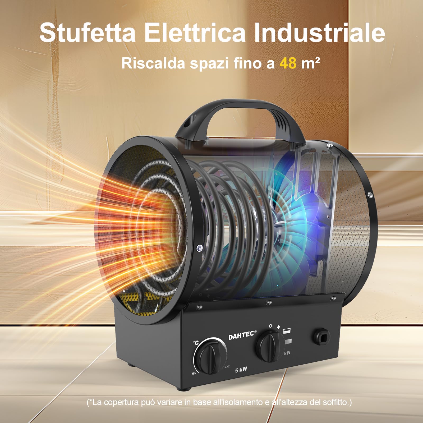 Termoventilatore 5000W - Stufetta Elettrica Portatile - Riscaldamento Industriale - Maniglia, Termostato e Protezione da Surriscaldamento (Nero)