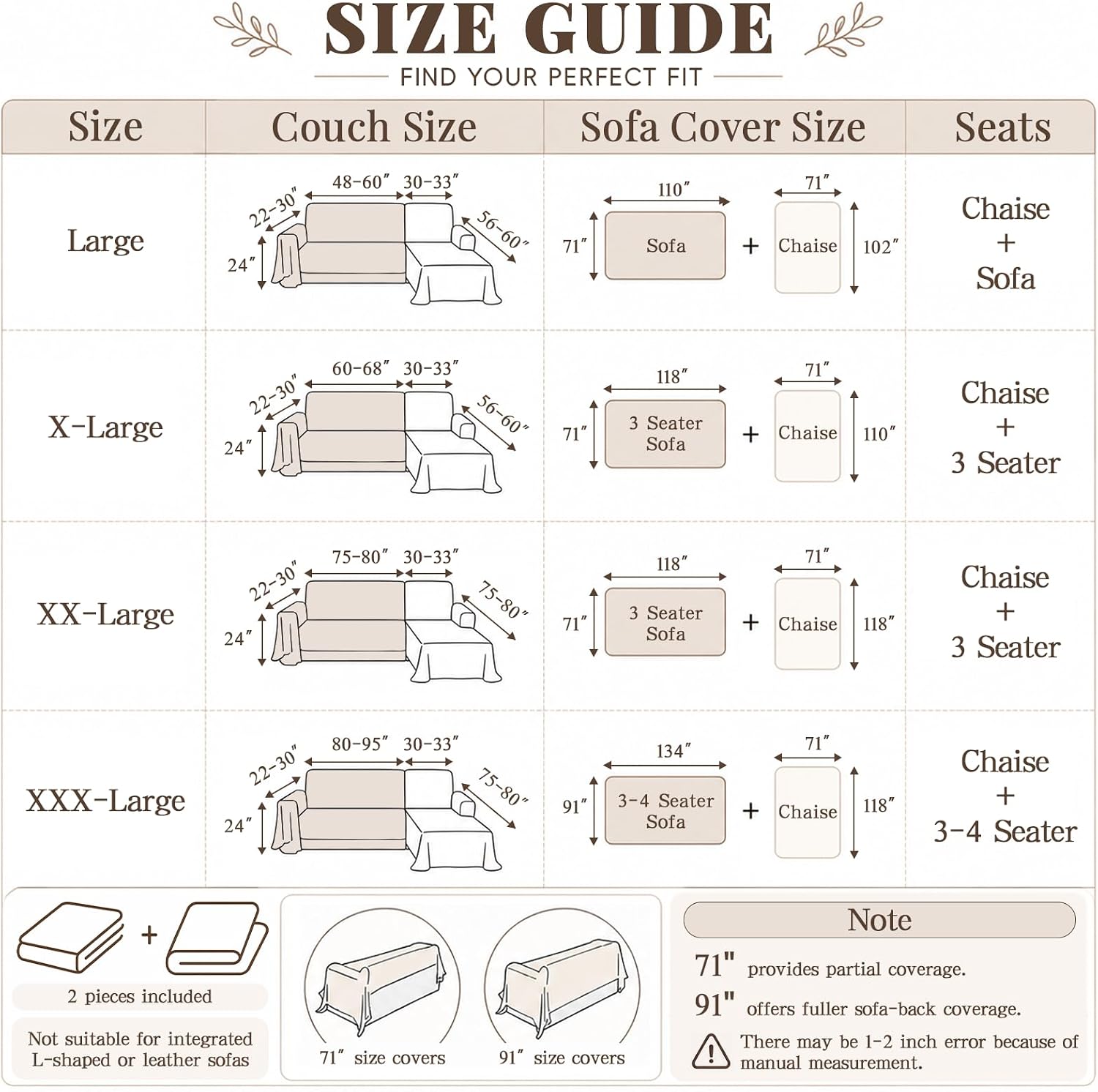 2 Piece Washable Chenille Couch Covers for L-Shaped Sectional Sofa