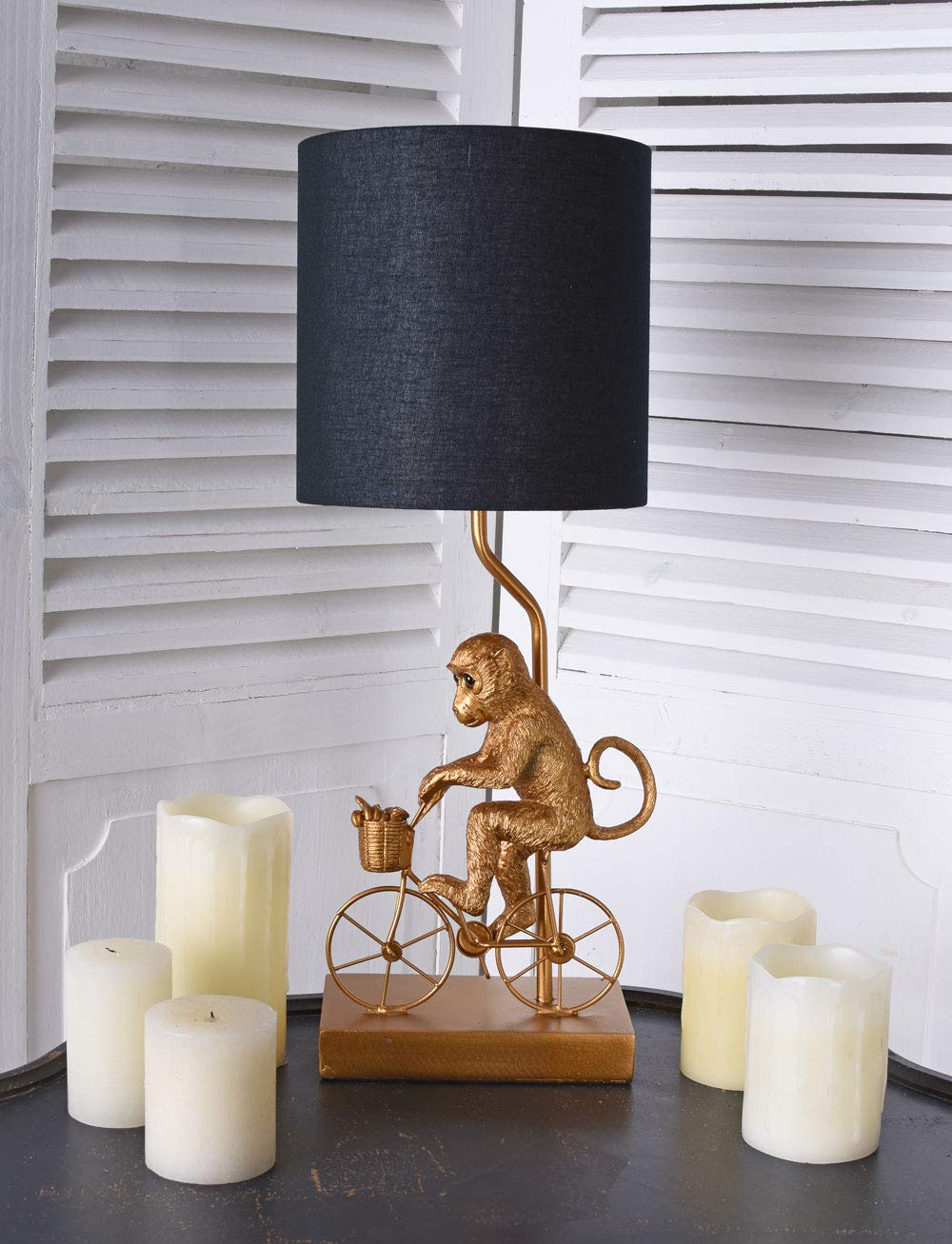Yoga-Affe Tischlampe Aus Kunstharz – Weiss, Mit Stoffschirm, 53cm Hoch, Ohne Leuchtmittel