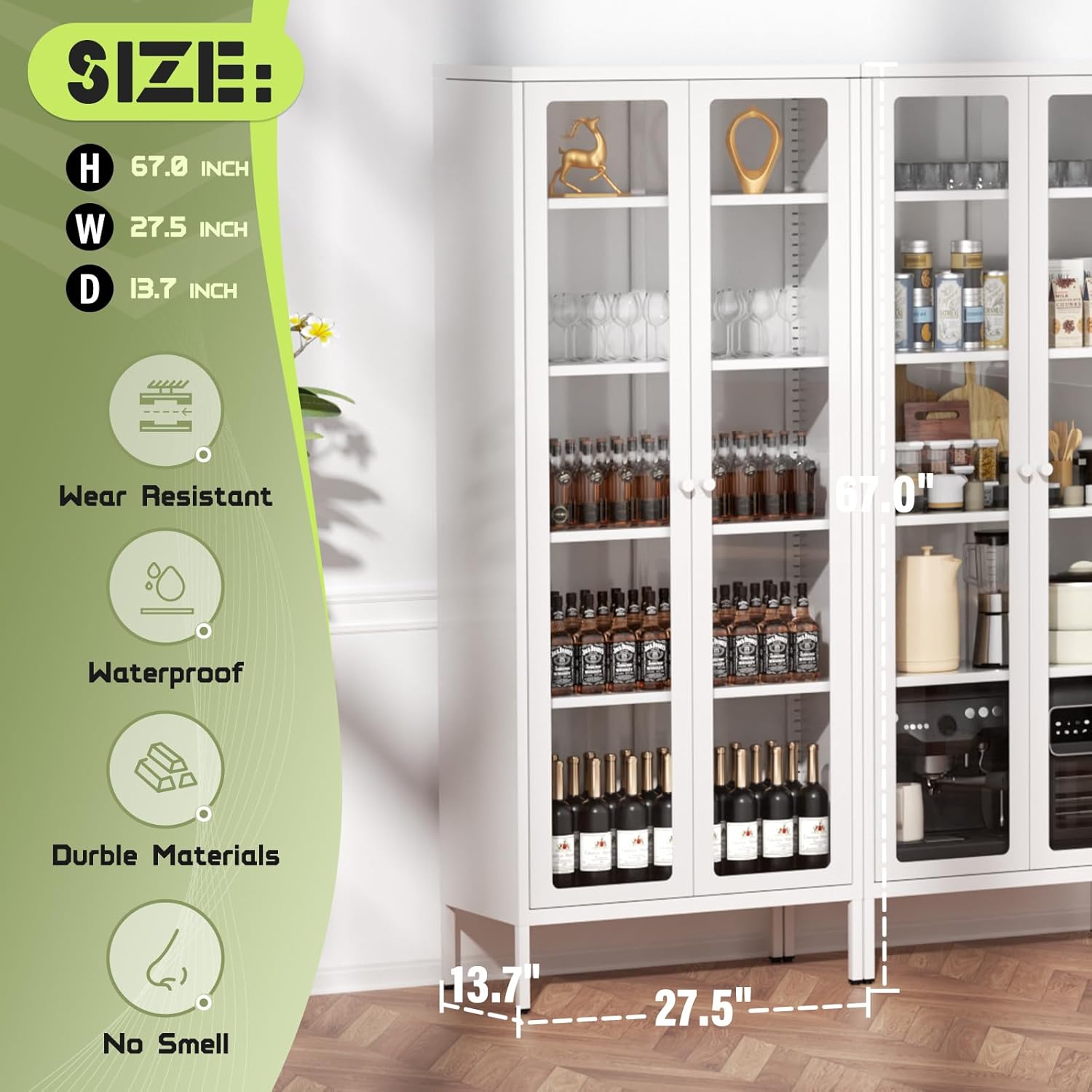 Crownland Metal Storage Cabinet with Glass Doors, Display Curio Glass Cabinet with 4 Adjustable Shelves, Tall Modern Office Storage Cabinets for Home Office, Living Room, Pantry(White)