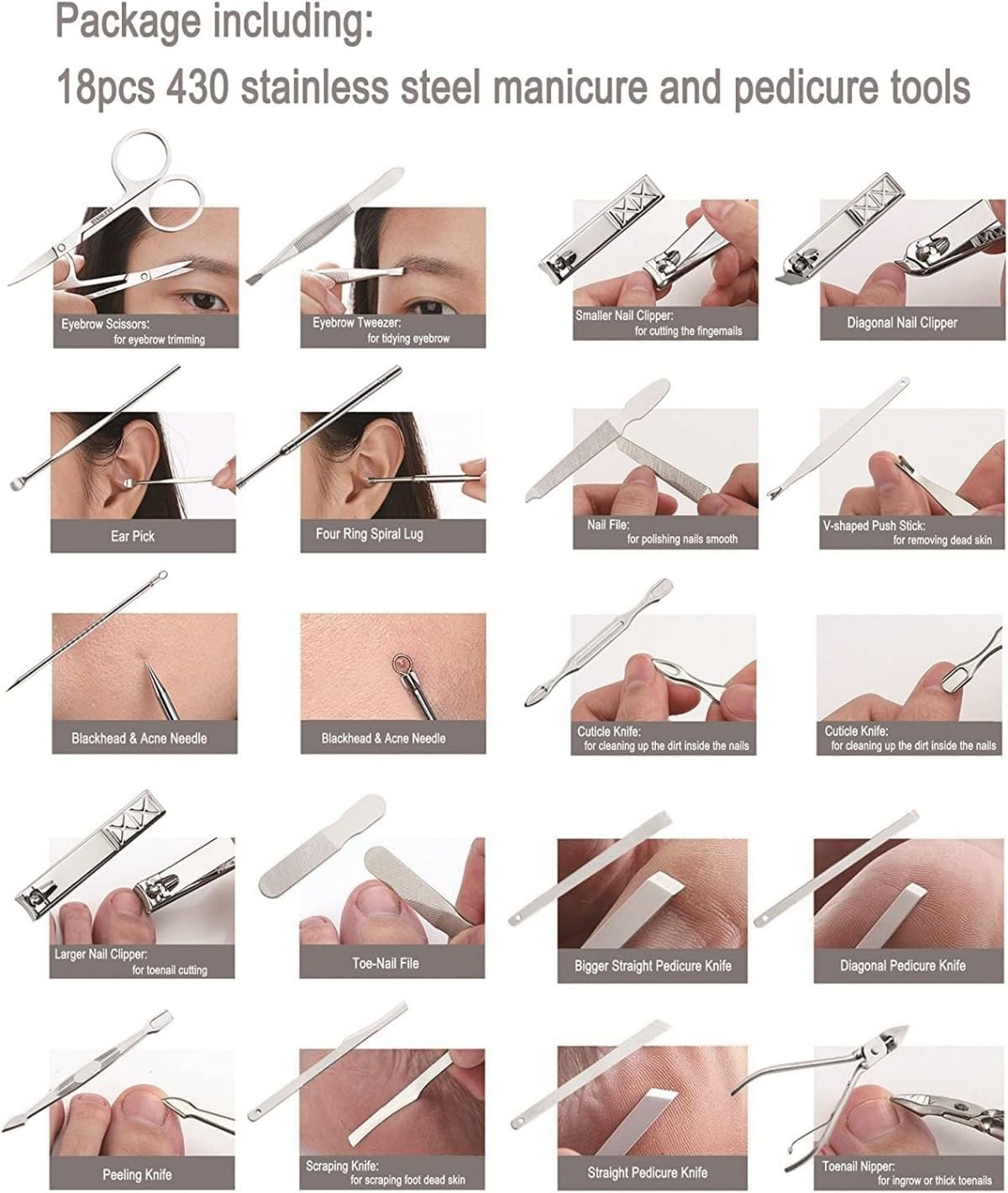 Nail Clippers Set of 19 Nail Care, Grooming Kit, Pedicure & Manicure Set, Includes Eyebrow Scissors, Cuticle Cutters, Nail Files, Earpick, Etc. Etiquette Set, Stainless Steel, Storage Case, Portable,