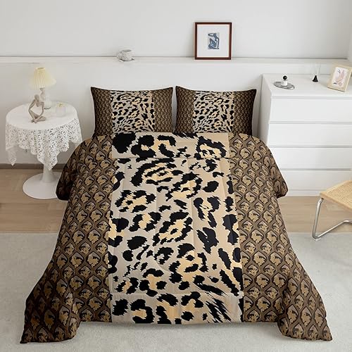 Erosebridal Juego de edredón con estampado de leopardo, juego de ropa de cama de guepardo marrón con estampado de animales, juegos de edredón de