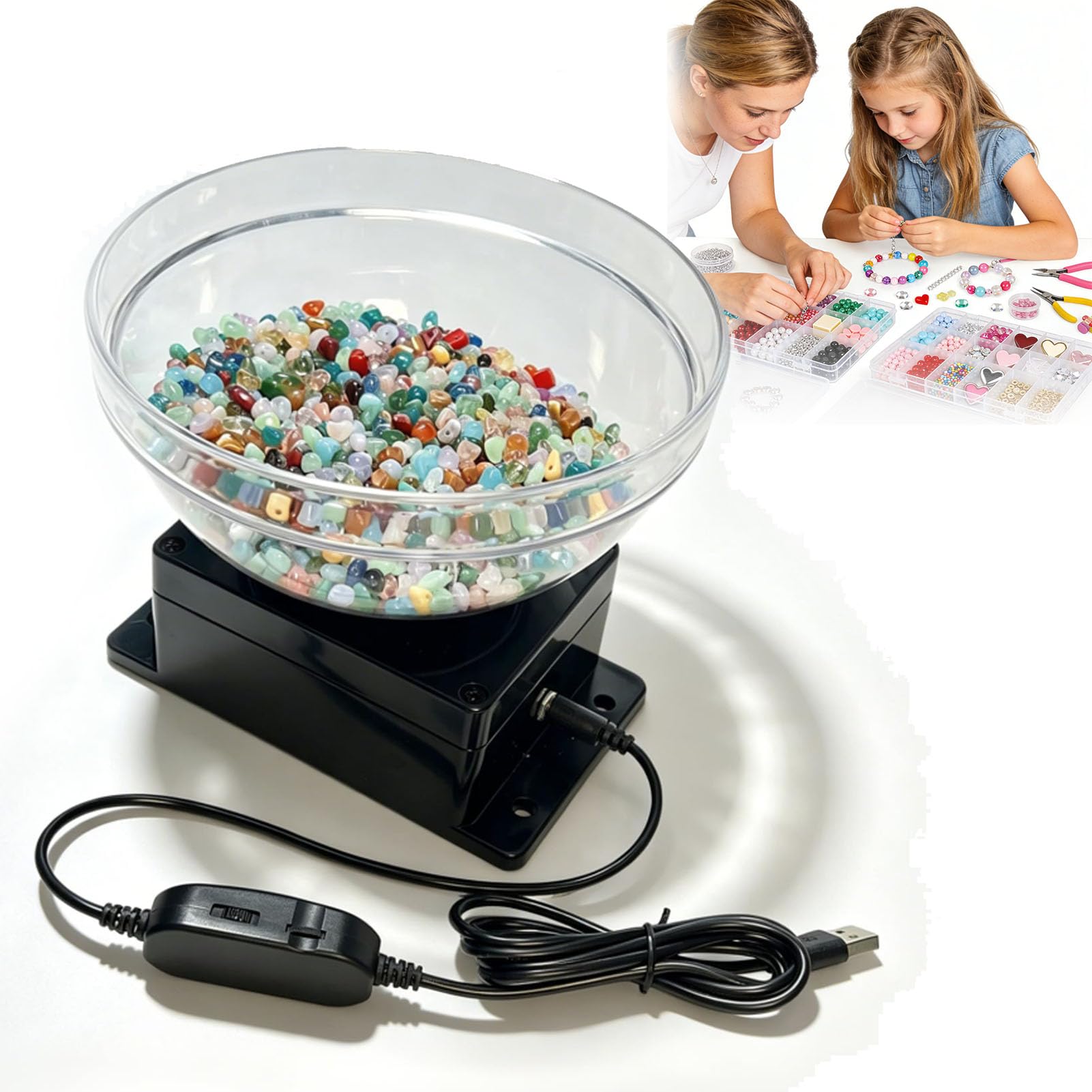 Kit giratorio eléctrico de cuentas – Herramienta de fabricación de joyas alimentada de 2 mm a 6 mm con control de velocidad continuo y cuenco de cuentas grande, giratorio profesional para cuentas de