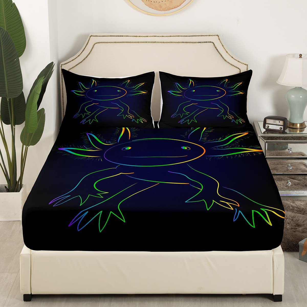 Cute Axolotl Bed Sheet Set Cartoon Salamander Bedding Sheets for Kids Boys Girls Black Axolotl Bedding Fitted Sheet Ocean Sealife Bed Sheet Set Single Size - Image 3
