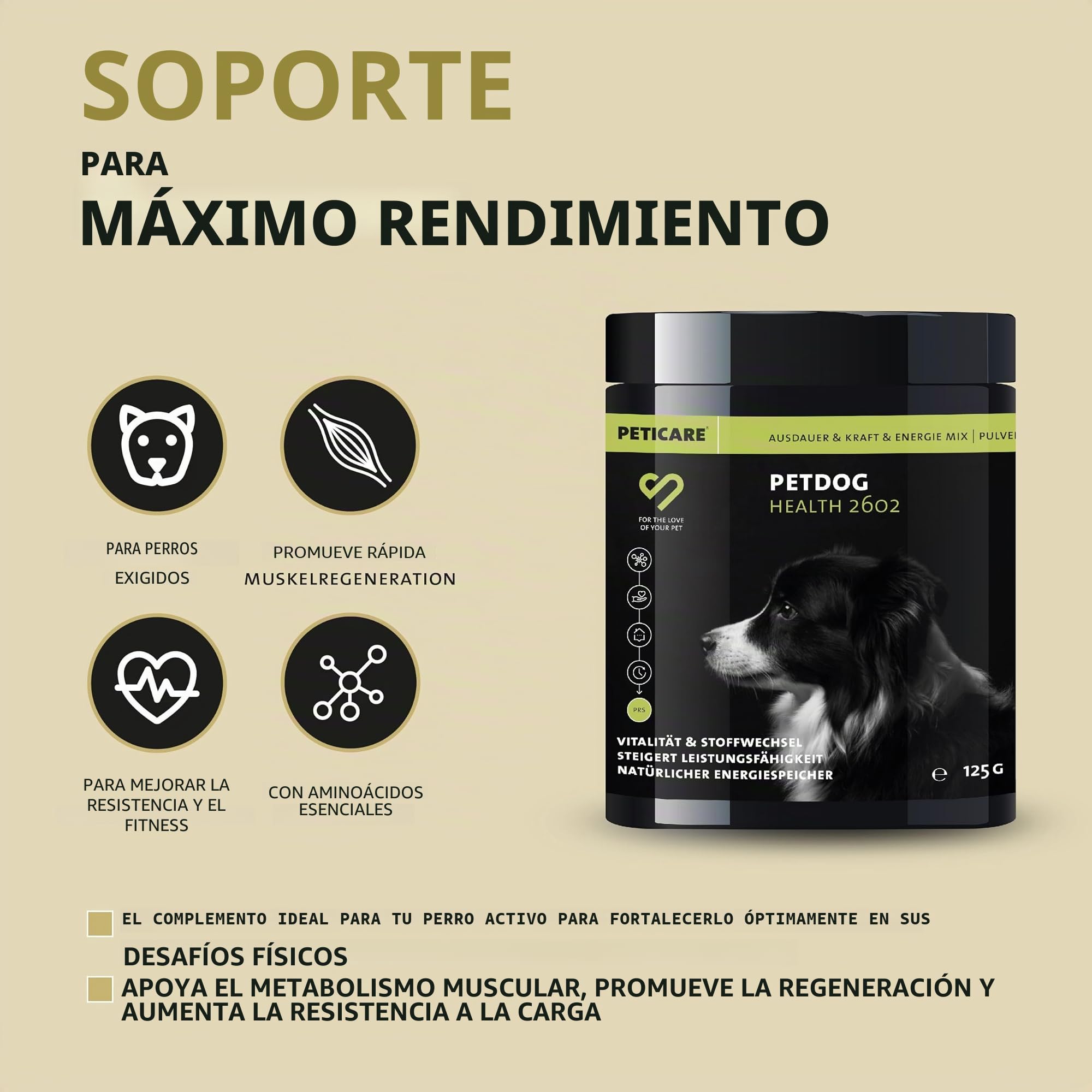Peticare Complemento en Polvo para Perros Activos | Mezcla nutritiva para apoyar energía y Bienestar | con colágeno y Omega-3 | Calidad Suiza | petDog Health 2602