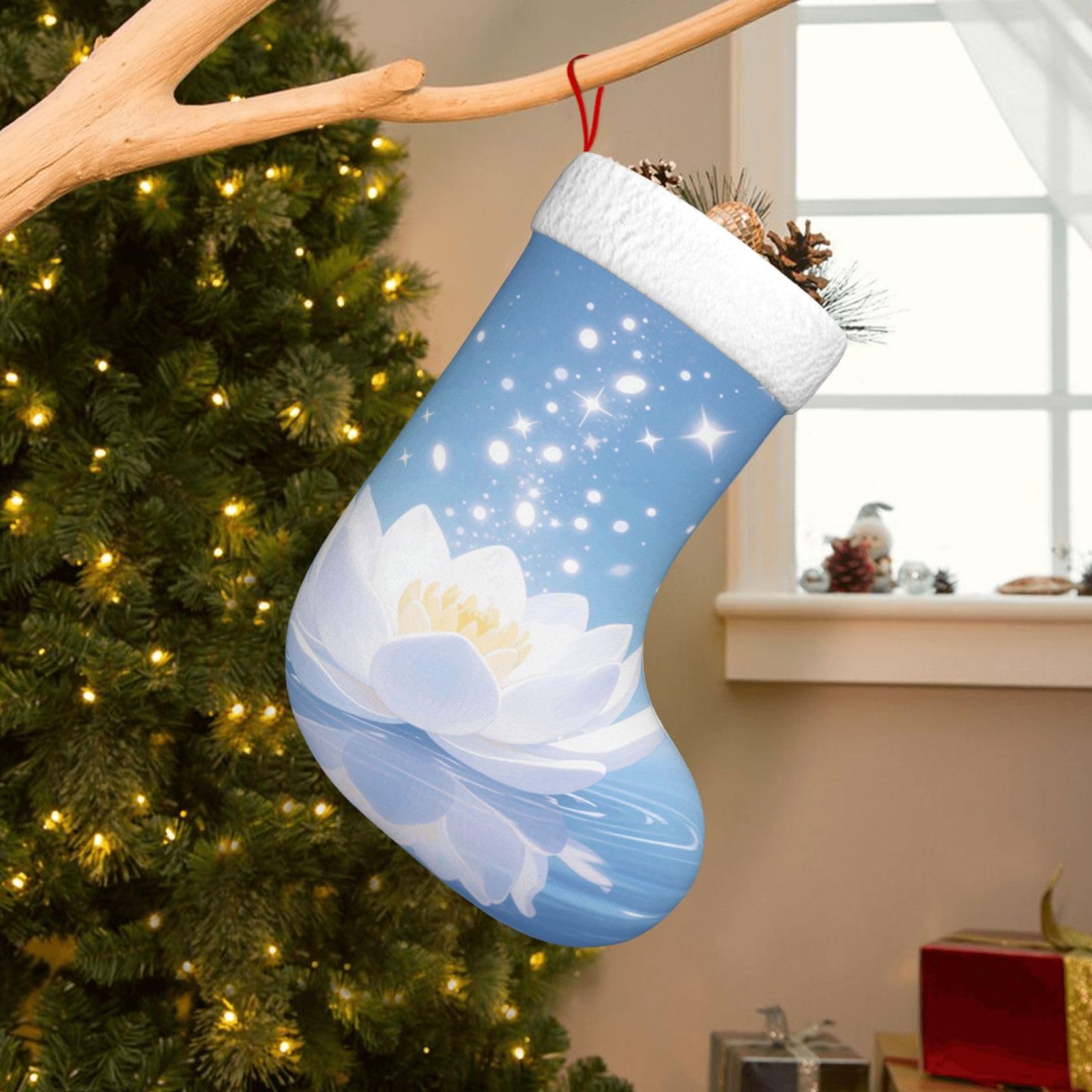Velvet Christmas Stockings 17.7 Inch, 256w Magical Lotus Flower Bloom Xmas Stocking with Soft Cuff,Classic Personalized Christmas Tree Decoration for Family Holiday New Year Party Supplies