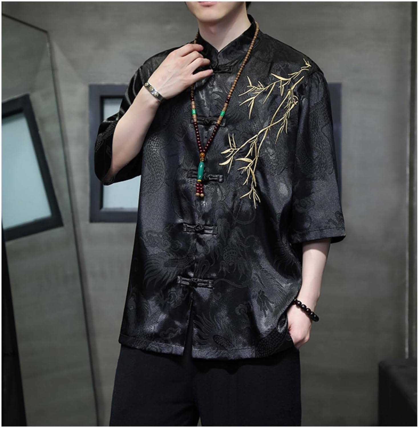 Men's Kung Fu Shirt,Traditional Chinese Hanfu Tang Suit Coat with Silk Printing,Half Sleeve Top for Casual Summer Outfits C-Black