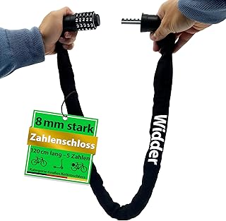 WIDDER Sicheres 8mm Kettenschloss mit Zahlencode (120cm lang, extra-große Zahlenräder, gehärtete Stahlkette) - Zahlen Fahrradschloss hohe Sicherheit - Zahlenschloss e Scooter e-Bike Fahrrad Schloss