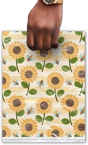 Miniatura 5 de Pro Supply Global 12x15 (100) Girasoles y abejas Diseñador Retail Boutique Merchandise Bolsas con Asas Premium Impreso Bolsas de Compras Amarillo,