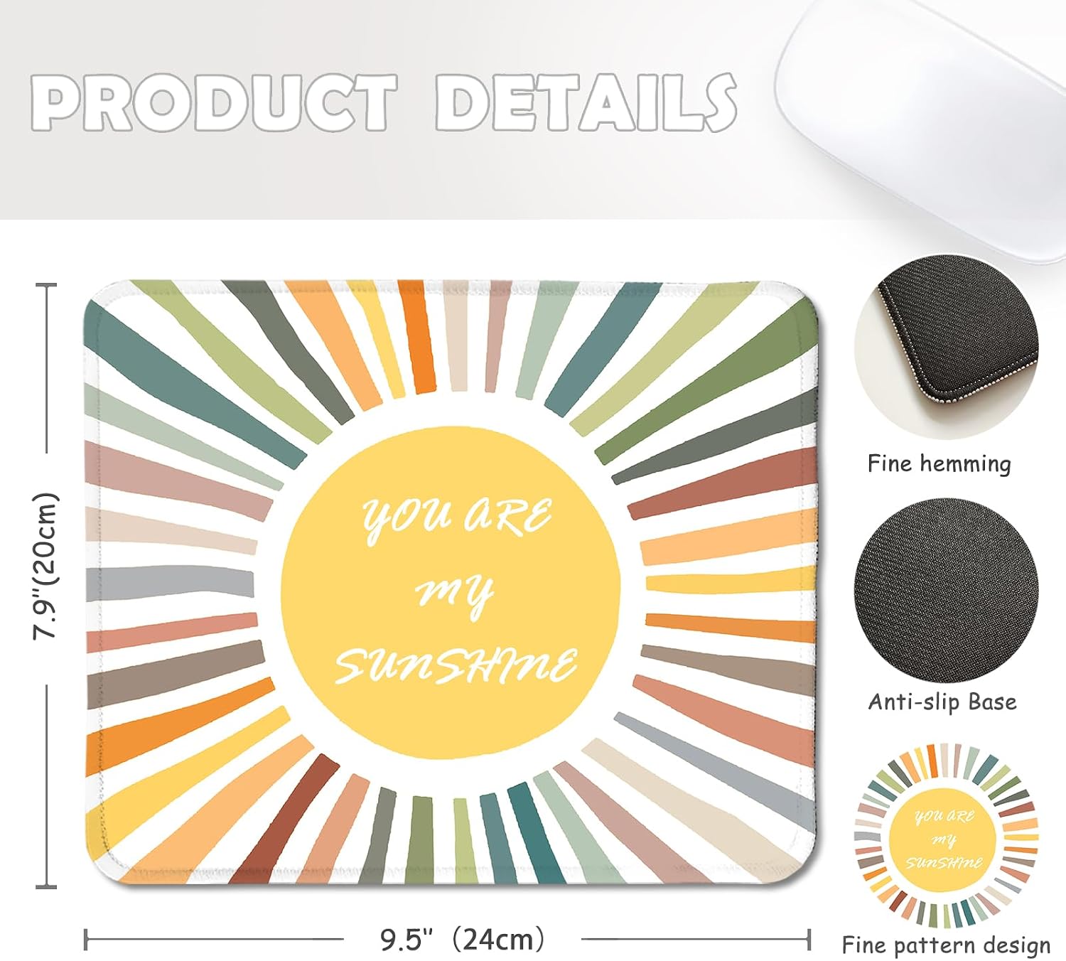 Boho Colorful Sun You are My Sunshine Mouse Pad Gifts,Mouse Pads Mousepad for Desk Home Office Dorm Computers Laptop, Boho Office Supplies Desk Accessories, 9.5x7.9 Inch image 2