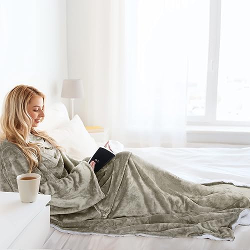 Miniatura 6 de Catalonia Classic Manta de forro polar Sherpa con mangas, súper suave, cálida y acogedora, manta portátil de viaje, regalo para mujeres, hombres y