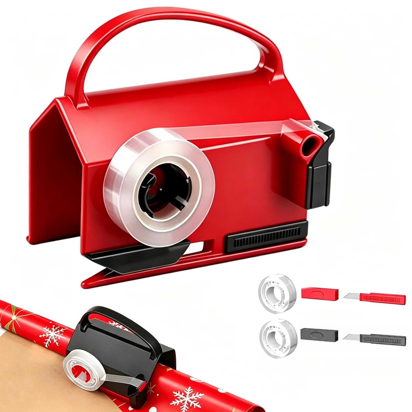 Dual Use Wrapping Paper Cutter & Tape Dispenser, Gift Wrap Tool, Red