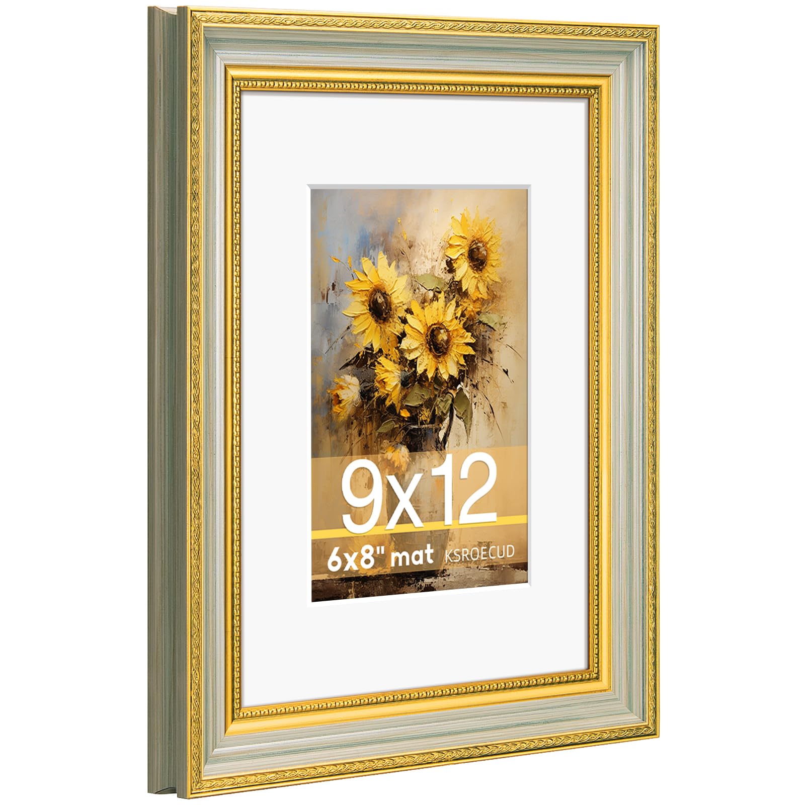 Cadre photo 22,9x30,5 cm avec passe-partout blanc et verre HD vert doré