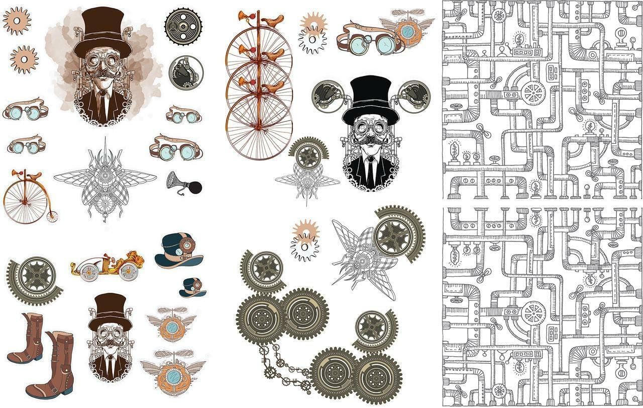 Dixie Belle Belles & Whistles Transfer | Steampunk | 24.8” x 38.8” Sheet | Rub On Decorative Transfer for Crafts, Furniture, DIY | Crafting Design Transfer