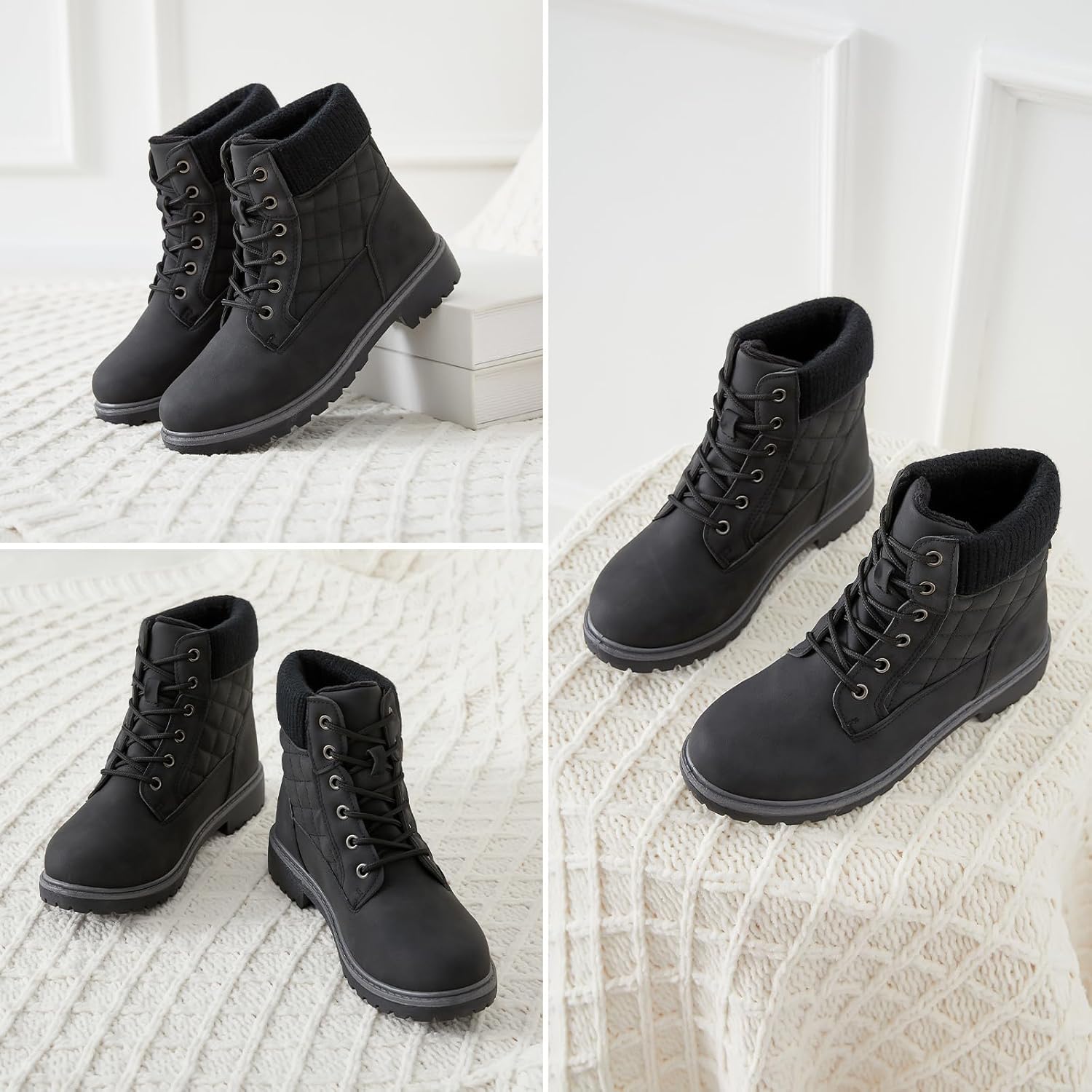 kufeiti Waterproof Ankle Boots for Women Non Slip Black Combat Boots Fall Winter Snow Lace Up Hiking Booties(Black, US11)