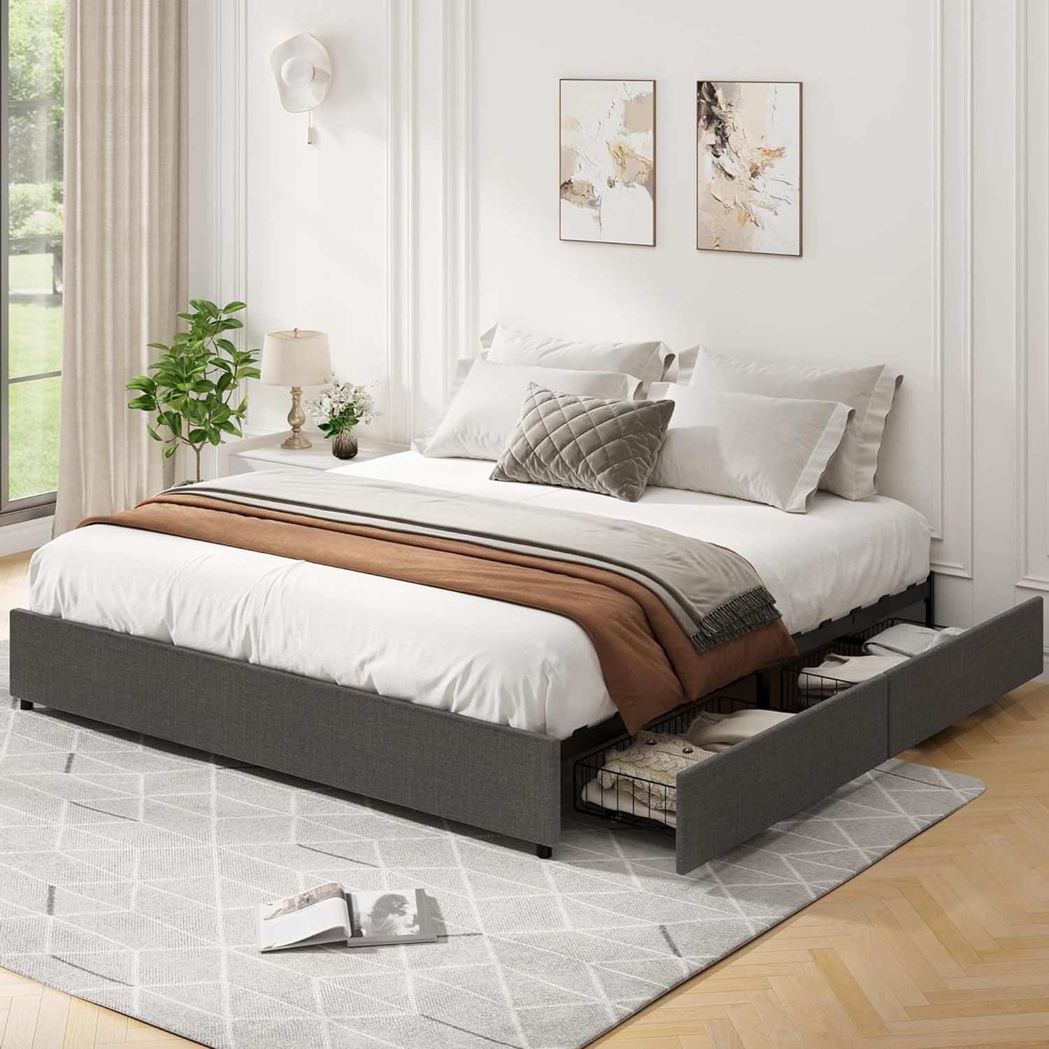 IDEALHOUSE Upholstered Platform Bed Frame Queen Size with 4 Storage Drawers, Queen Platform Bed Frame with Mattress Foundation Strong Wooden Slats