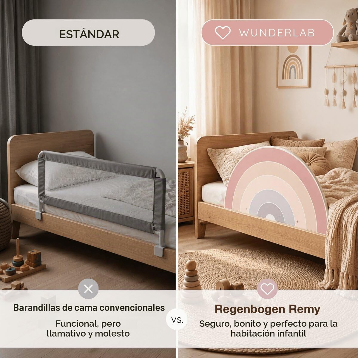 Barrera anticaídas de madera en bonito diseño para niños, barandilla anticaídas Remy para habitación de los niños, barandilla de protección para cama infantil, cama de hasta 200 cm, bonita
