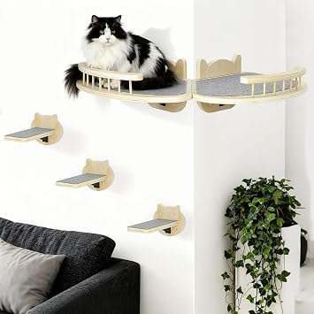 Cat Wall Shelves Furniture Set with Scratching Pad,Wooden Cat Climbing Wall Systems with 2 Perches and 3 Steps, Floating Shelves Bed Wall Mounted for Indoor Fit Up to 15Lbs Burlywood
