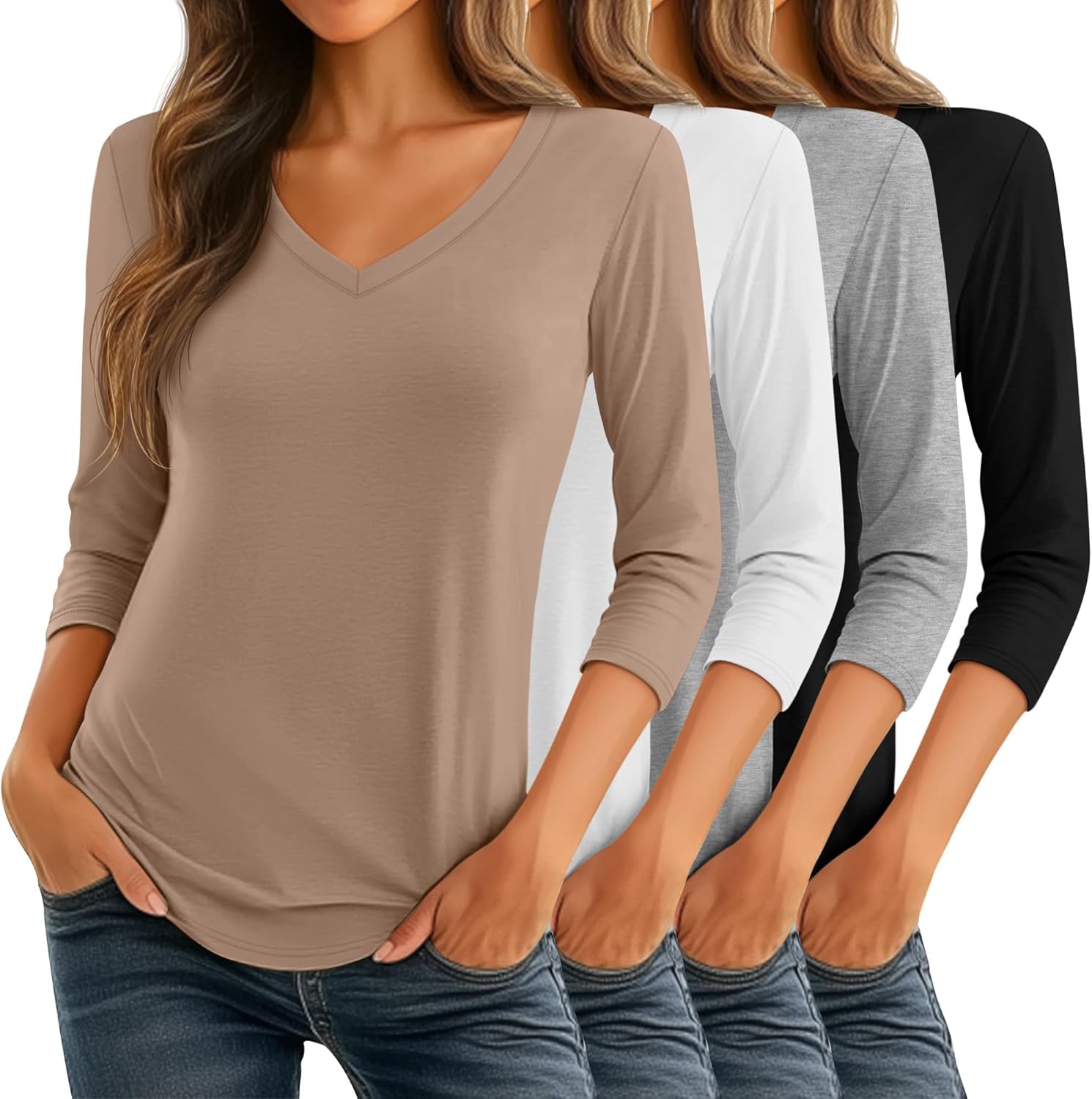 Ficerd 4 Pack Women's 3/4 Sleeve T Shirts, V Neck Casual Tunic Tops Loose Fit Cotton Shirts Solid Color Summer Tees