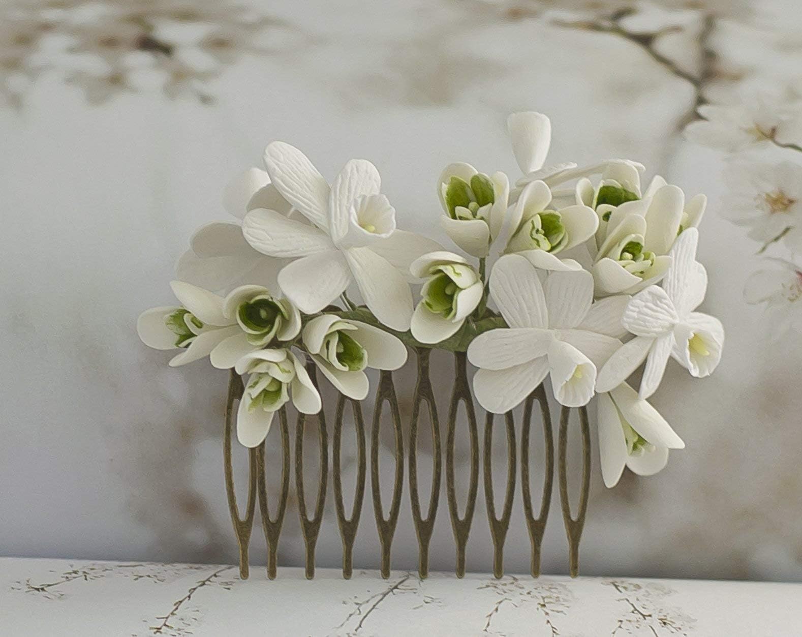 White floral hairpiece - daffodils, snowdrops - flower comb - wedding hairpiece - wedding accessories - bridal hair comb