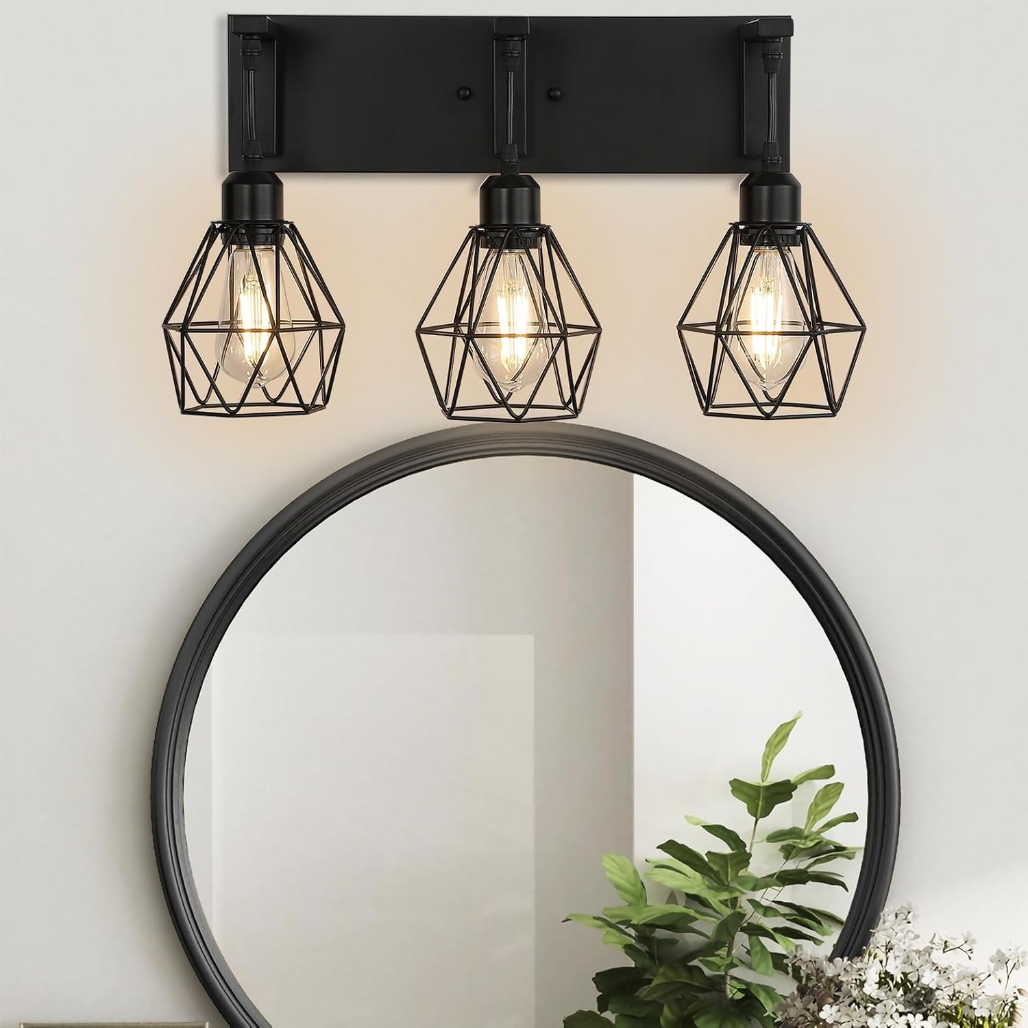 Somniferous Farmhouse Bathroom Light Fixtures, 3 Light Bathroom Vanity Lights Over Mirror, Black Vanity Light with Caged Metal Shade, Rustic Wall Sconce for Bedroom, Living Room, Hallway, E26 Socket