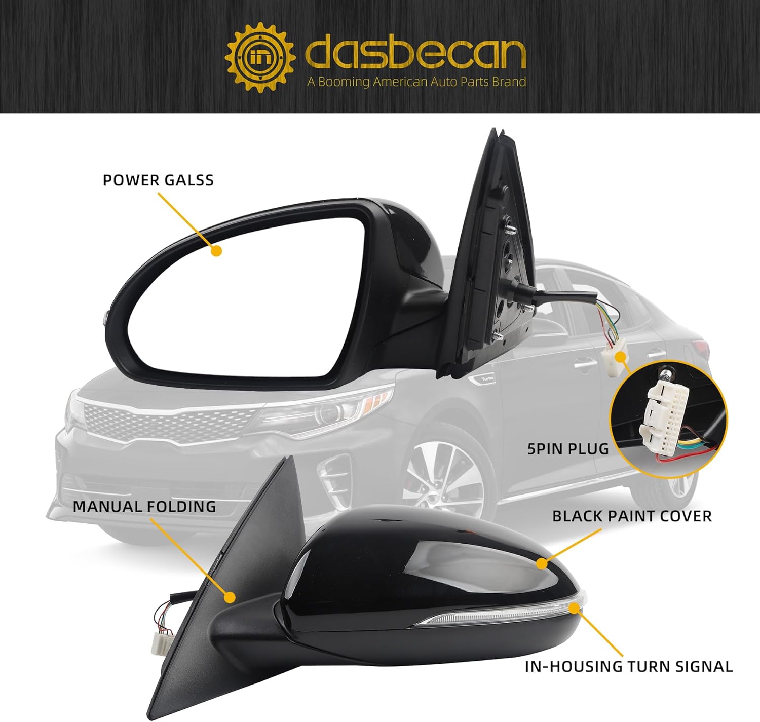 Dasbecan Left Driver Side Mirror Compatible With 2016 2017 2018 Kia Optima Rearview Mirror With Signal Light/Power Glass/Manual Folding/Black Paint Replace# KI1320200 87610-D5000 (5pin)