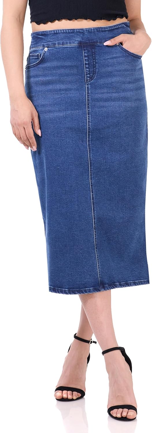 Women’s Pull-On Stretch Denim Skirt – Soft Jean Fabric, Slim Fit, High Rise, Everyday Casual Style