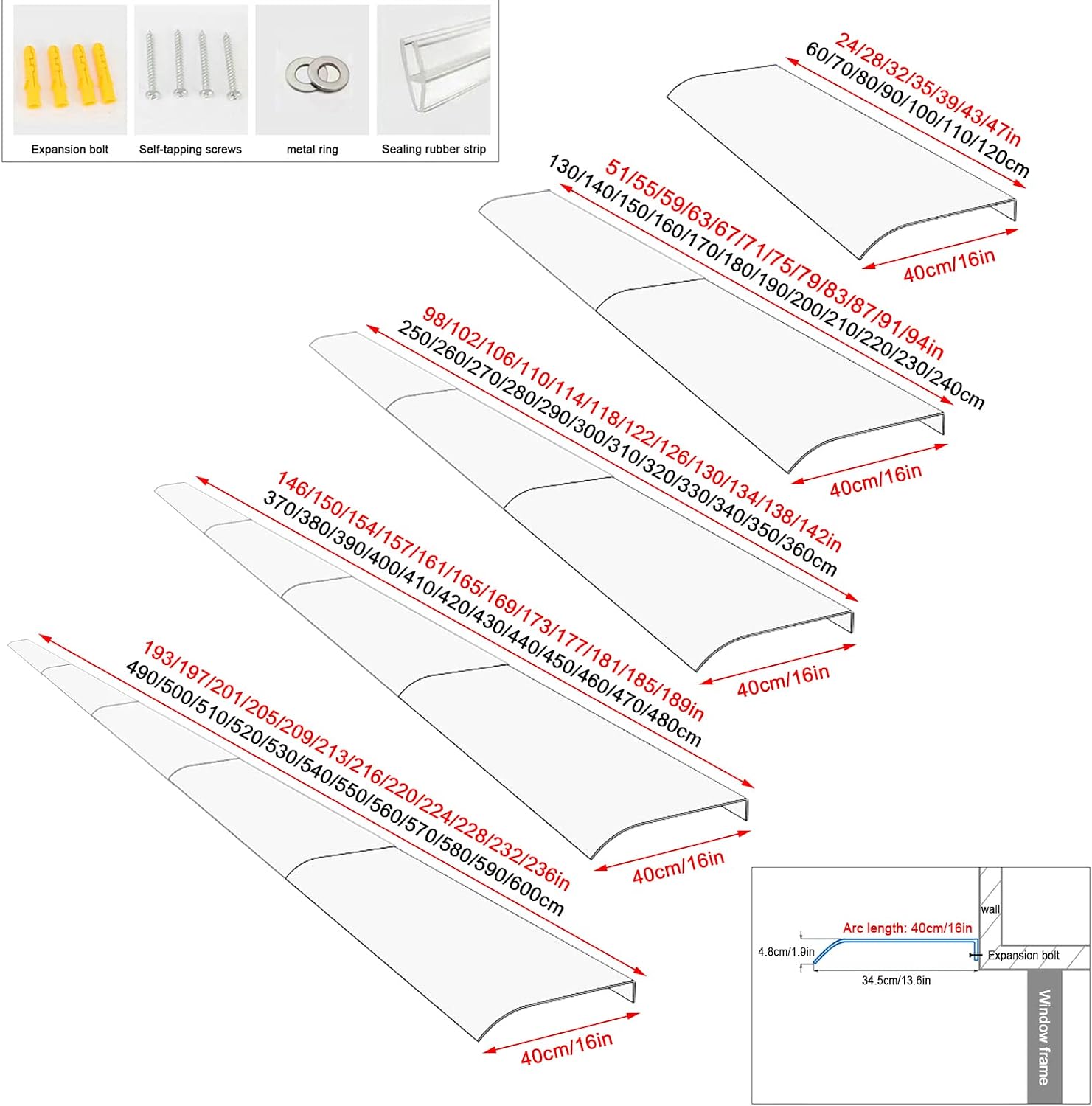 Transparent Curved Window Door Canopy Awning Shelter,Back Porch Garden Awning,Outdoor Window Rain Shelter Cover,3.5MM Polycarbonate Cover,for Terrace/Balcony/Electrical Cover (40x110cm/16 x4