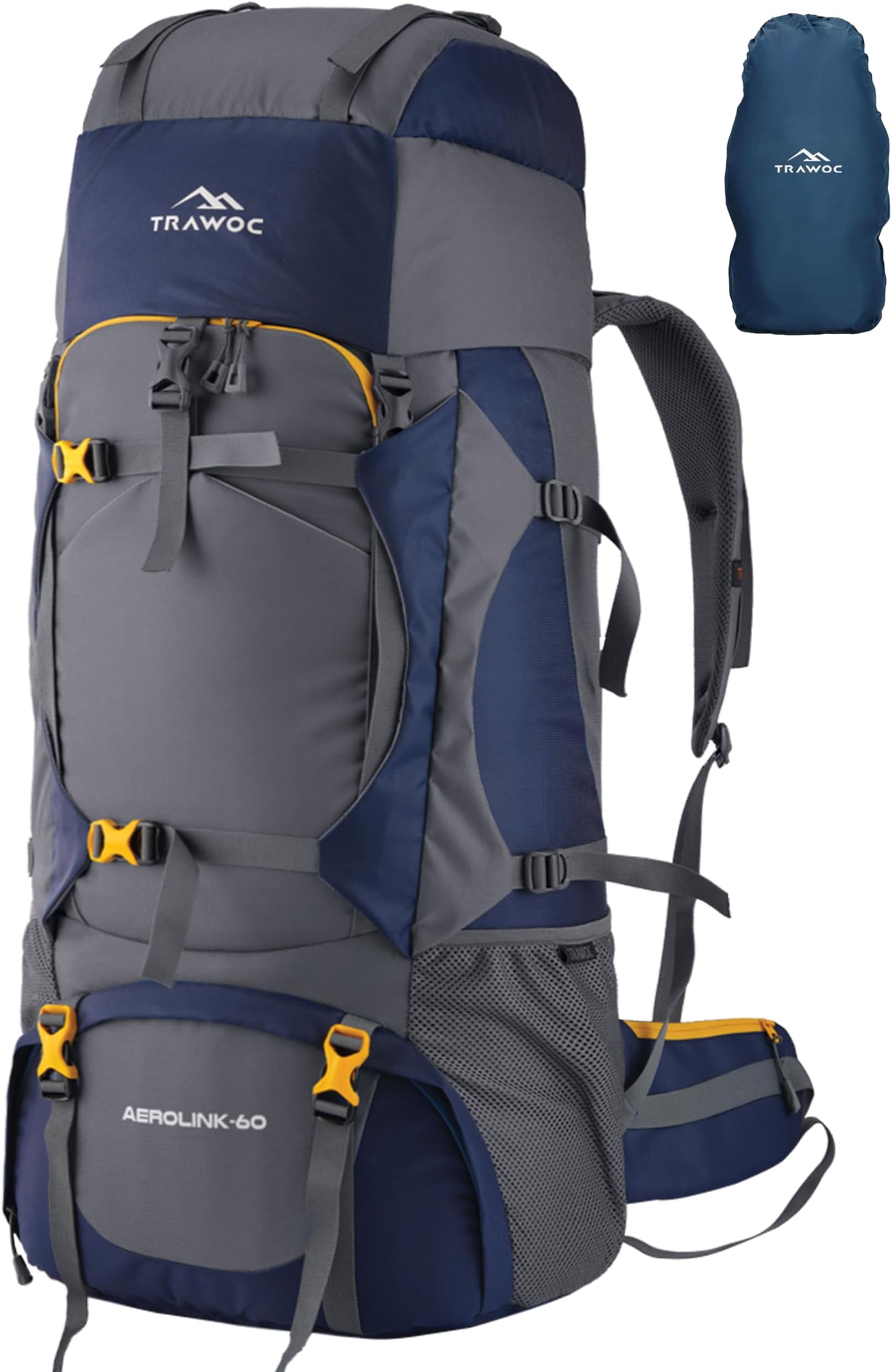 TRAWOC Aerolink 60L Trekking Backpack for Men & Women | Travel Rucksack with Laptop Sleeve, Rain-Cover, Padded Hip Belt & YKK Zippers | Camping Hiking Bag | 3 Year Warranty - Grey