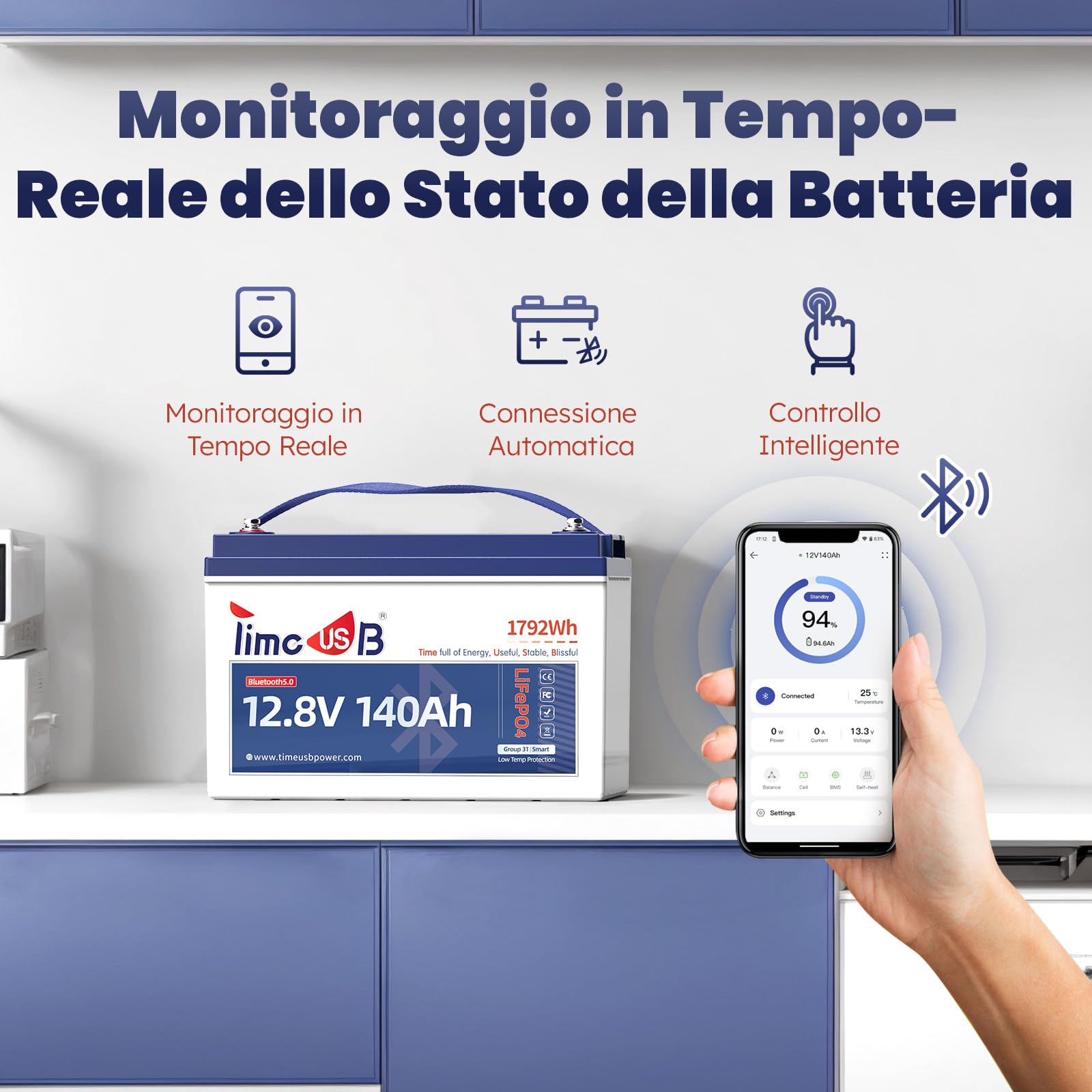 Timeusb Bluetooth 12V 140Ah Batteria LiFePO4,150A BMS,Batteria Litio con Protezione Contro le Basse Temperature,Potenza 1920W,1792Wh di Energia per Camper,Barca,Trolling Motor,Solare e Off-Grid