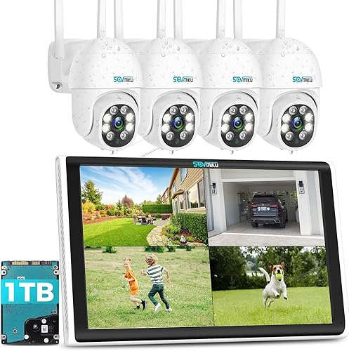 360 foco Sistema de cámara de seguridad SOVMIKU NVR de 8 canales con monitor de 10 pulgadas HDD de 1 TB 4 cámaras de vigilancia WiFi de 3 MP para