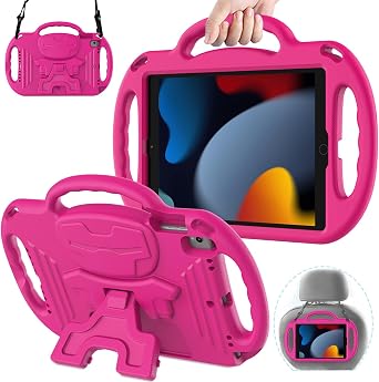 AVAWO Kids Case for iPad 9th Generation 10.2 inch, iPad 8th Gen Cover with Shoulder Strap for 9/8/7 Gen 2021/2020/2019, Rose Pink
