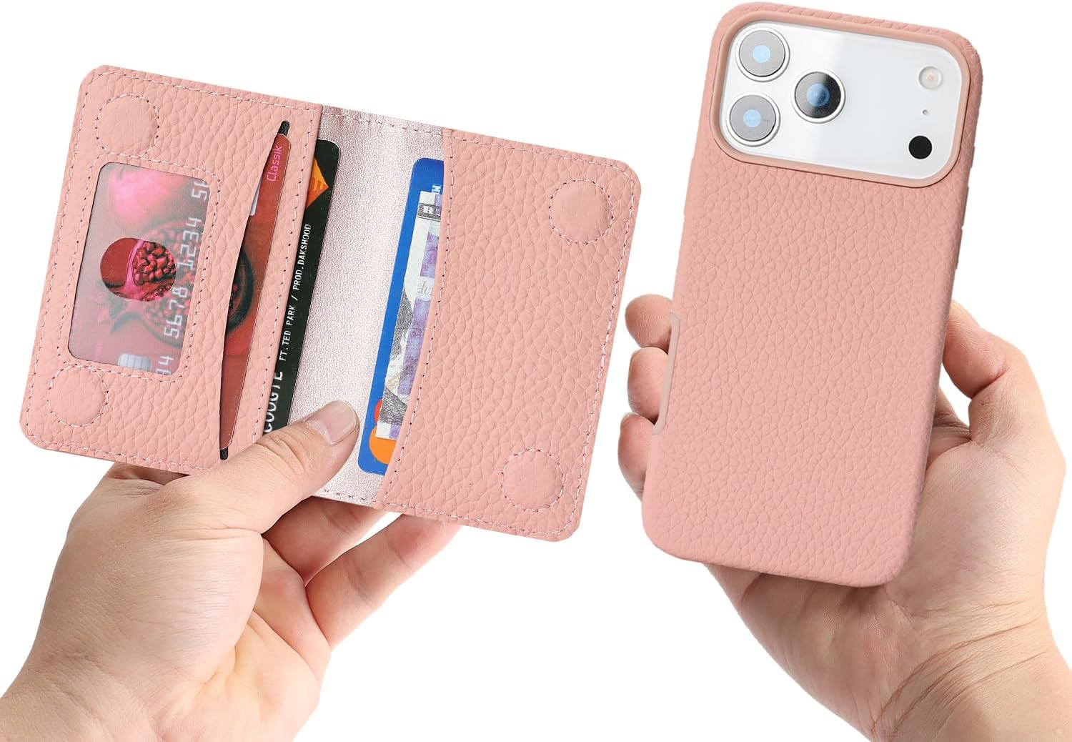 Detachable Wallet Case Compatible with iPhone 17 Pro Max Genuine Leather Case 2in1 Removable Cover Support Magsafe Charging Magnetic Stand Function Card Holder-Pink