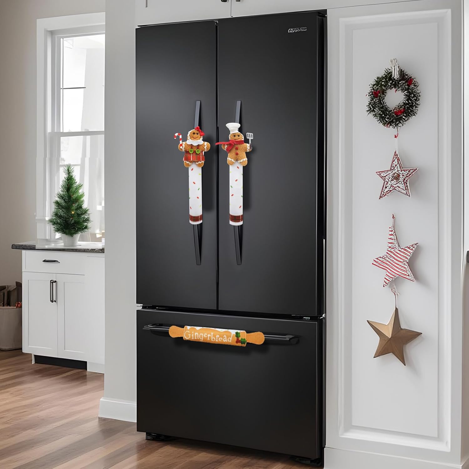 OurWarm Christmas Refrigerator Handle Covers Set of 3, Gingerbread Kitchen Decor Refrigerator Door Handle Cover, Christmas Fridge Handle Covers Gingerbread Decorations Indoor for Home Decor