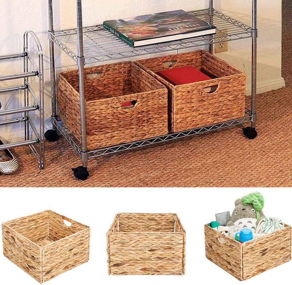 Woven Storage Baskets,Folding Storage Bins Bathroom Storage Containers Box Underbed Cube Water for Garage Toy Food Kitchen Water Hyacinth Wood Color