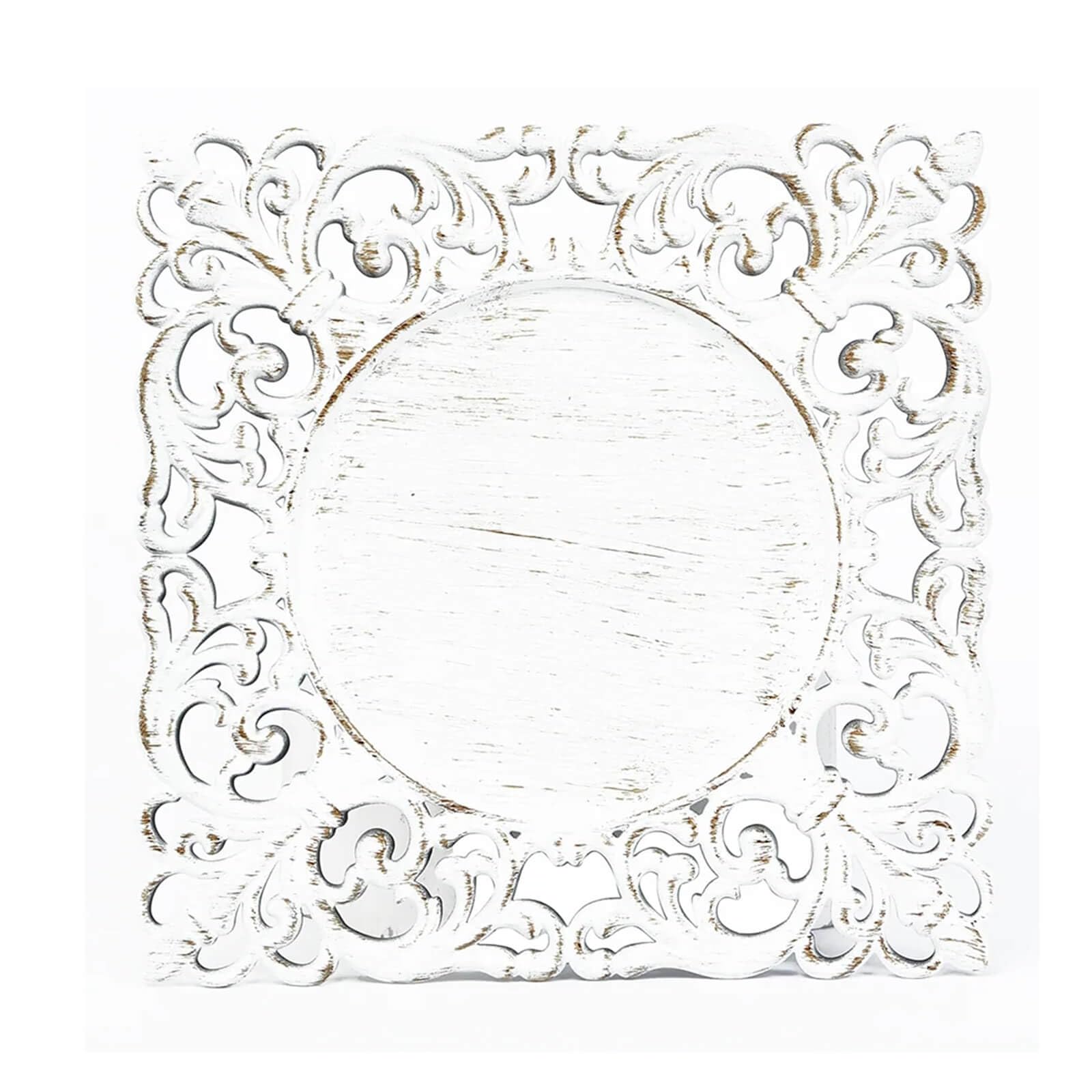 Balsa Circle 6 Square 12 in Antique White Vintage Acrylic Charger Plates with Hollow Lace Borders | Serving Dinnerware Set for Wedding Reception Event Catering Decorations Bulk Supplies