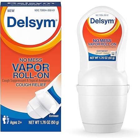 Delsym No Mess Vapor Roll-On Cough Suppressant & Topical Analgesic 1.76 oz with Camphor, Eucalyptus Oil, Menthol, Adults & Kids, Maximum Strength