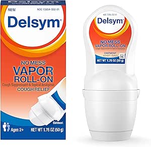 Delsym No Mess Vapor Roll-On Cough Suppressant &amp; Topical Analgesic 1.76 oz with Camphor, Eucalyptus Oil, Menthol, Adults &amp; Kids, Maximum Strength