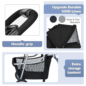 BestPet Pet Stroller Dog Cat Jogger Stroller for Medium Small Dogs Cats Folding Lightweight Travel Stroller with Cup Holder (Black, 3 Wheels)