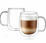 CNGLASS Large Double Wall Glass Coffee Mug 15.2oz,Clear Insulated Glass Espresso Cup with Big Handle,Set of 2