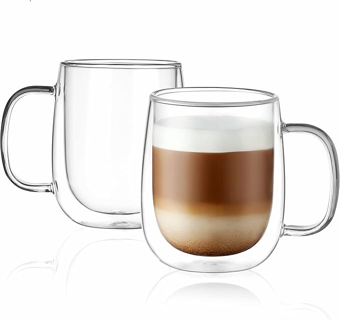 CNGLASS Large Double Wall Glass Coffee Mug 15.2oz,Clear Insulated Glass Espresso Cup with Big Handle,Clear Glass Espresso Mugs for Latte,Cappuccino,Tea Bag,Hot and Cold Beverages,set of 4