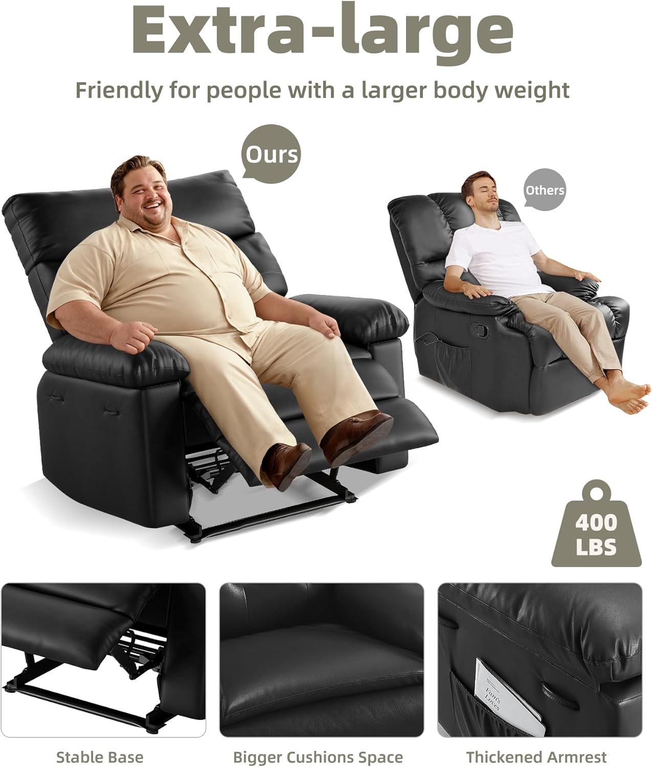 Garvee Oversized Recliner Chair - PU Leather Manual Recliner for Adults, Comfy Reclining Chair with Overstuffed Arms and Back, Side Pocket, Single Sofa for Living Room, Bedroom
