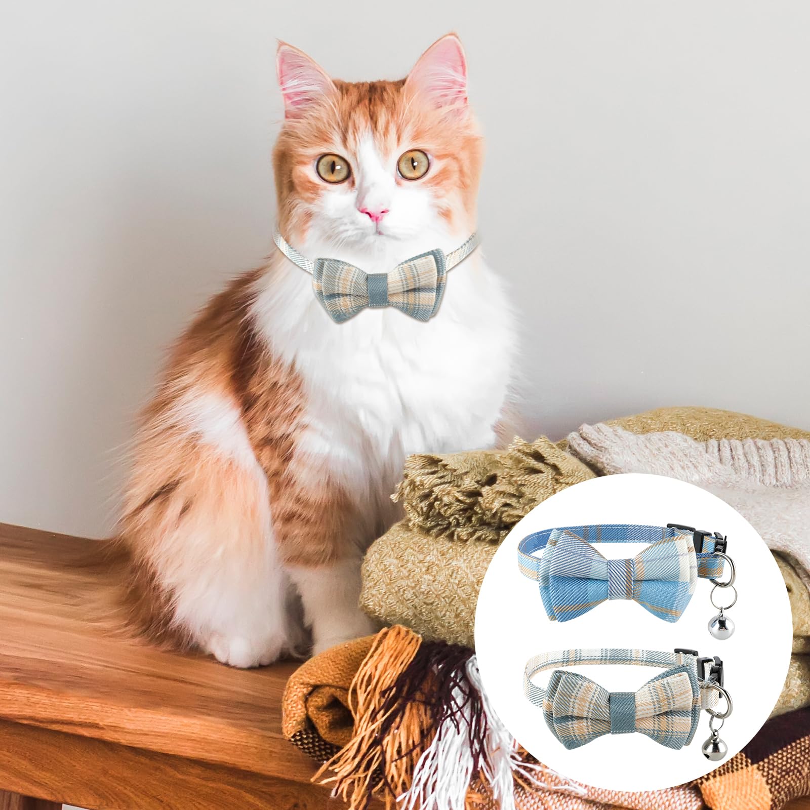 Jeffdad Katzenhalsband, mit Glöckchen, Fliege, kariert, verstellbar, für Kätzchen, Welpen und kleine Haustiere, 2 Stück (blau und weiß kariert)