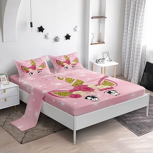 3 Pieces Unicorn Sheet Set Twin Size,Pink Unicorn Fitted Bed Sheet for Kids Girls Cartoon Unicorn Bedding Soft Microfiber All-Round Elastic Pocket